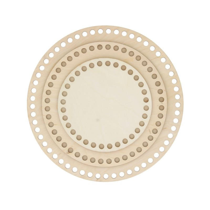 Base circular perforada de madera 25 cm diametro.